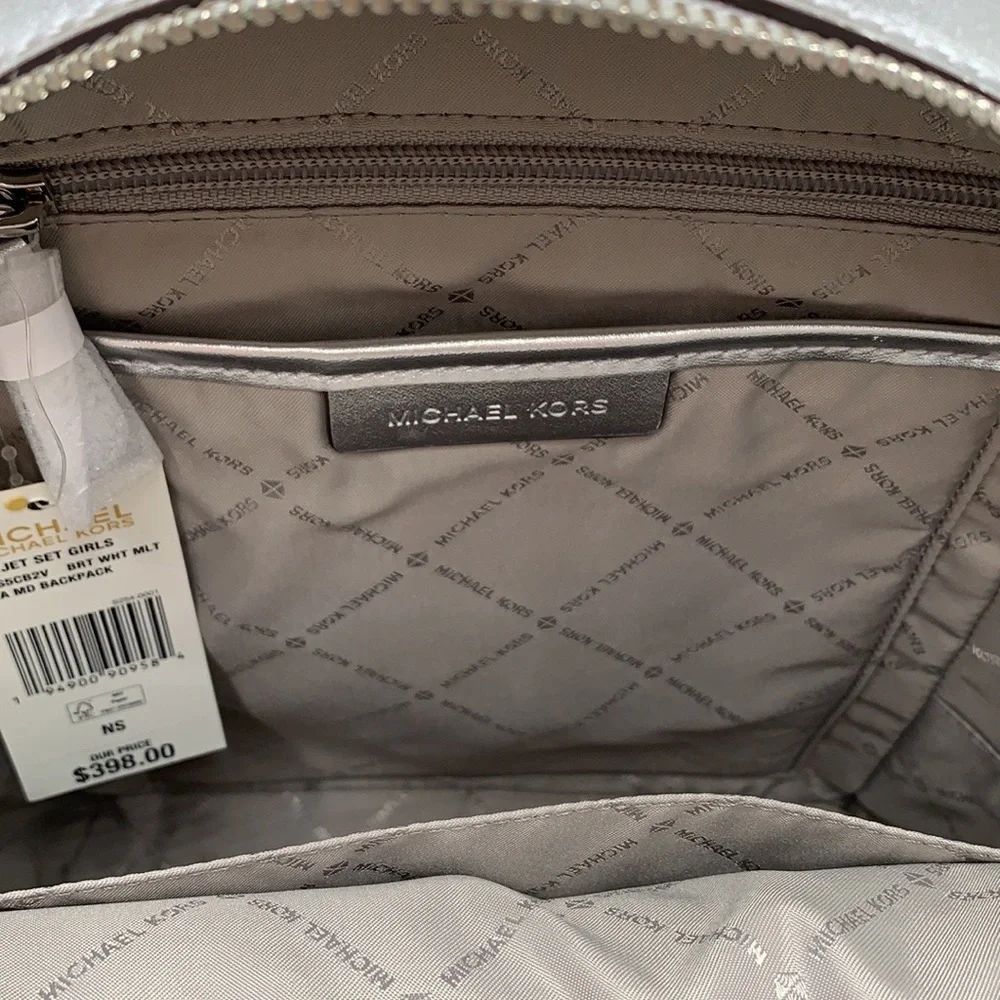 Michael Kors Jet Set Girls Adina Medium Backpack Bright White Silver Multi - Picture 10 of 15